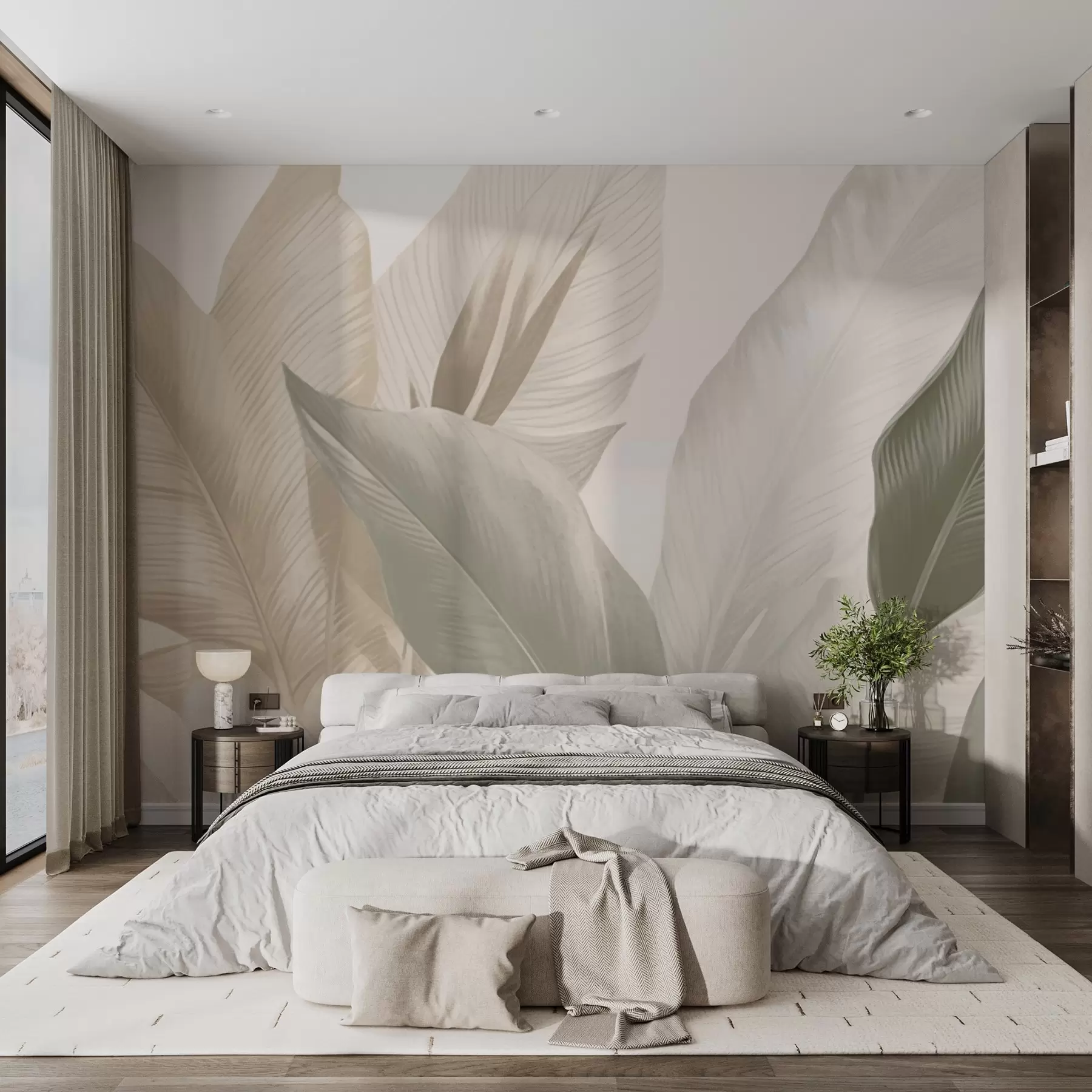 murais de parede Folhas tropicais em tons suaves de bege e verde, com um efeito de aguarela e transições de cor suaves w02854