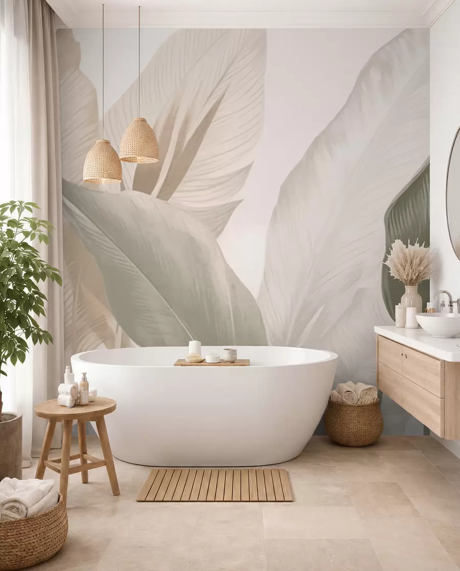 murais de parede Folhas tropicais em tons suaves de bege e verde, com um efeito de aguarela e transições de cor suaves w02854