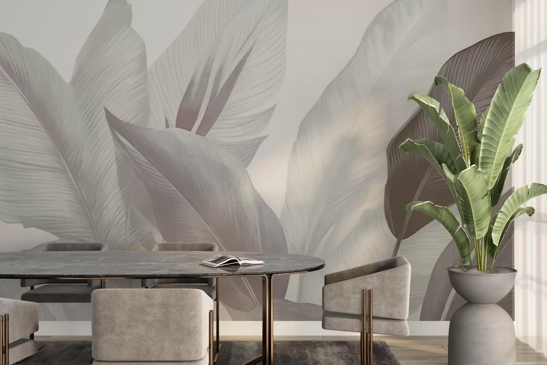 murais de parede Folhas tropicais em tons suaves de cinzento e castanho, realçando a textura e as transições subtis entre luz e sombra w02854v1