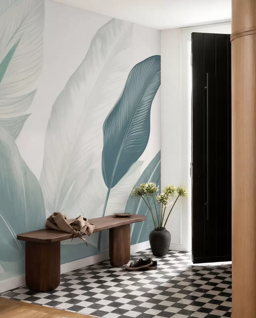 murais de parede Folhas tropicais em tons suaves de verde e branco, com transições de aguarela e pormenores de textura delicados w02854v2