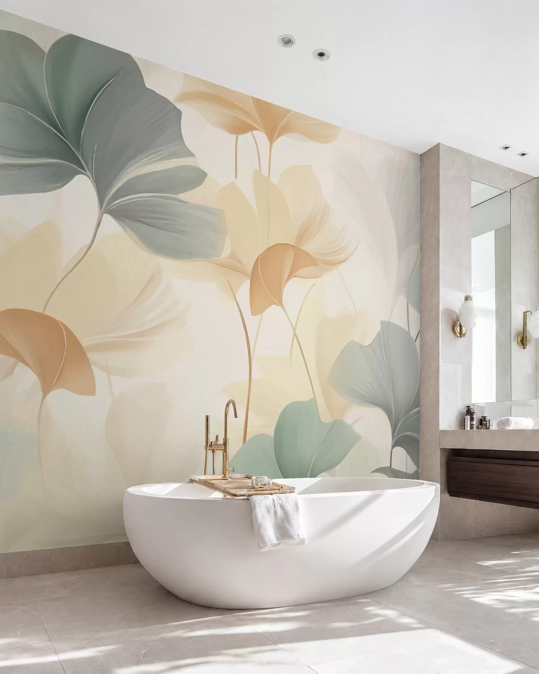 murais de parede Padrão de folhas de ginkgo em tons pastel suaves, misturando tons de verde, amarelo e creme para criar uma sensação leve e arejada w02855