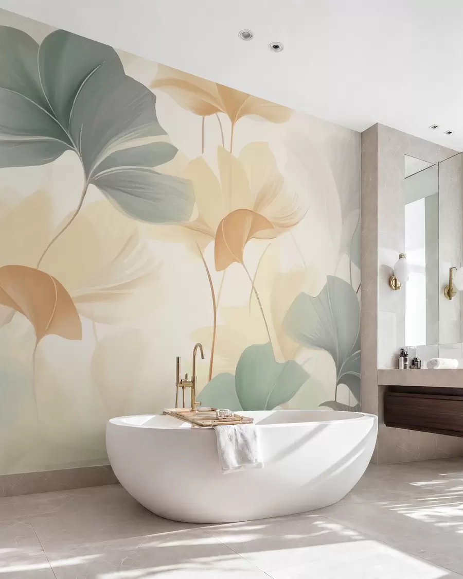 murais de parede Padrão de folhas de ginkgo em tons pastel suaves, misturando tons de verde, amarelo e creme para criar uma sensação leve e arejada w02855