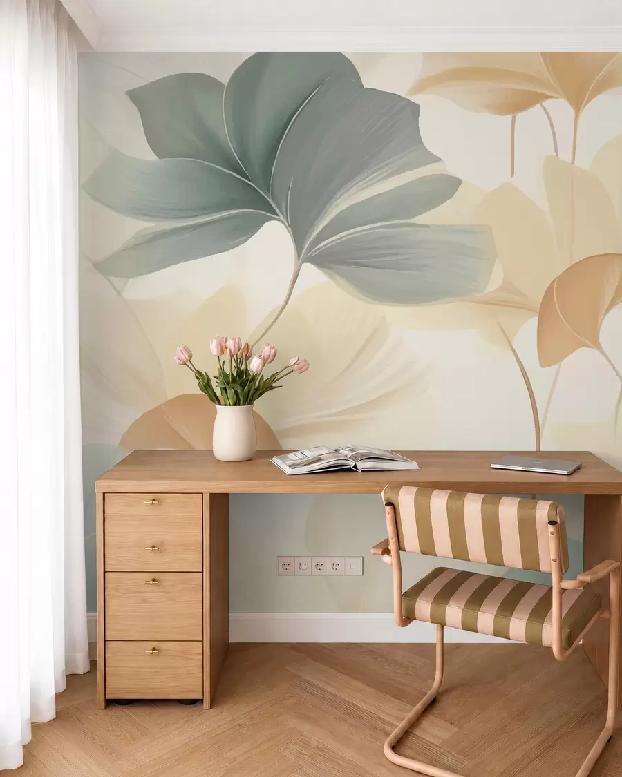 murais de parede Padrão de folhas de ginkgo em tons pastel suaves, misturando tons de verde, amarelo e creme para criar uma sensação leve e arejada w02855