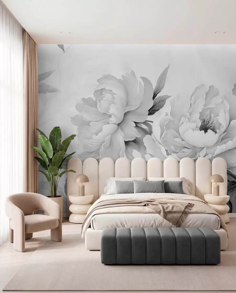 murais de parede Luxuosas peónias em tons de cinzento, com delicados detalhes de pétalas e folhas, criando uma atmosfera elegante e serena w02856