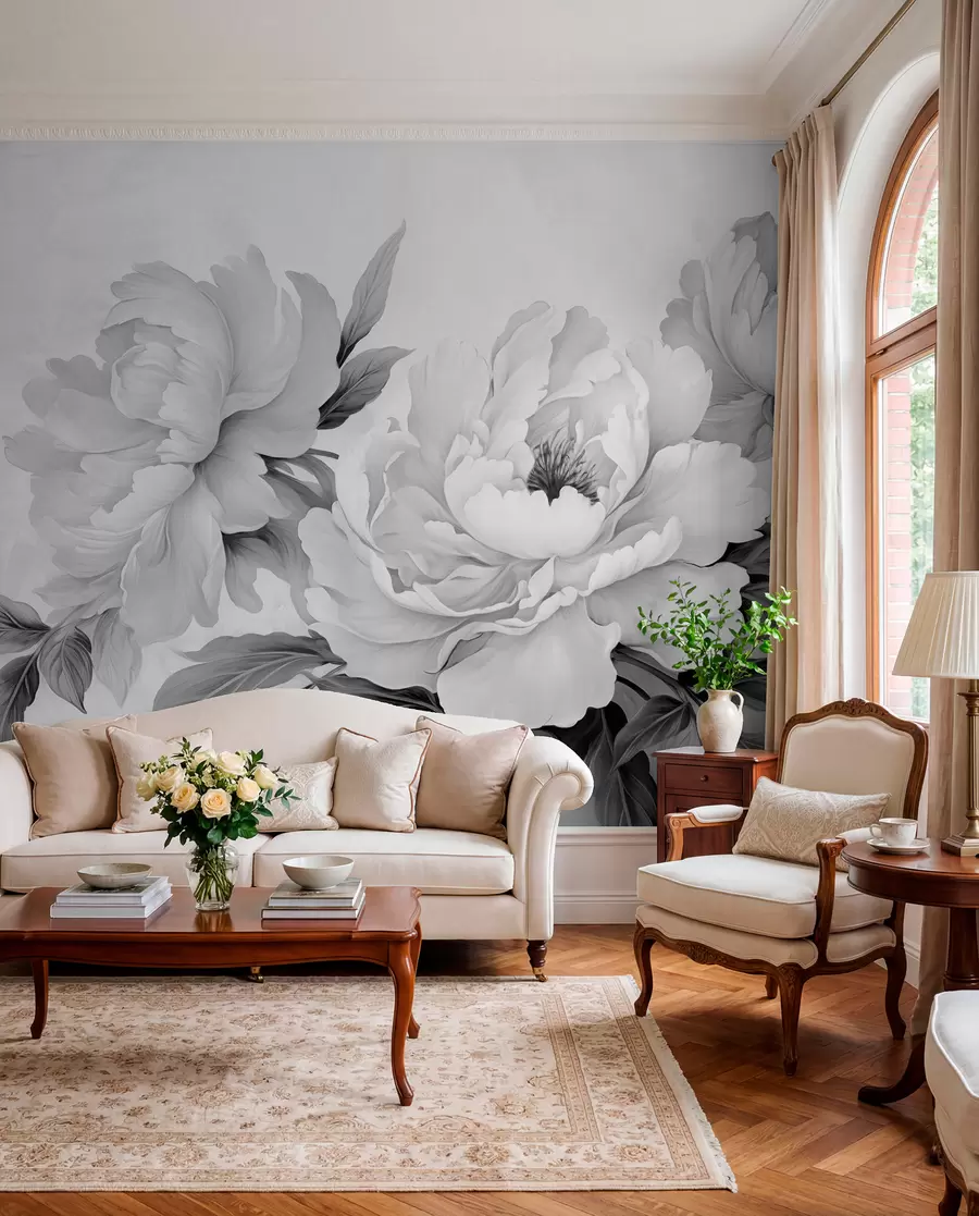 murais de parede Luxuosas peónias em tons de cinzento, com delicados detalhes de pétalas e folhas, criando uma atmosfera elegante e serena w02856