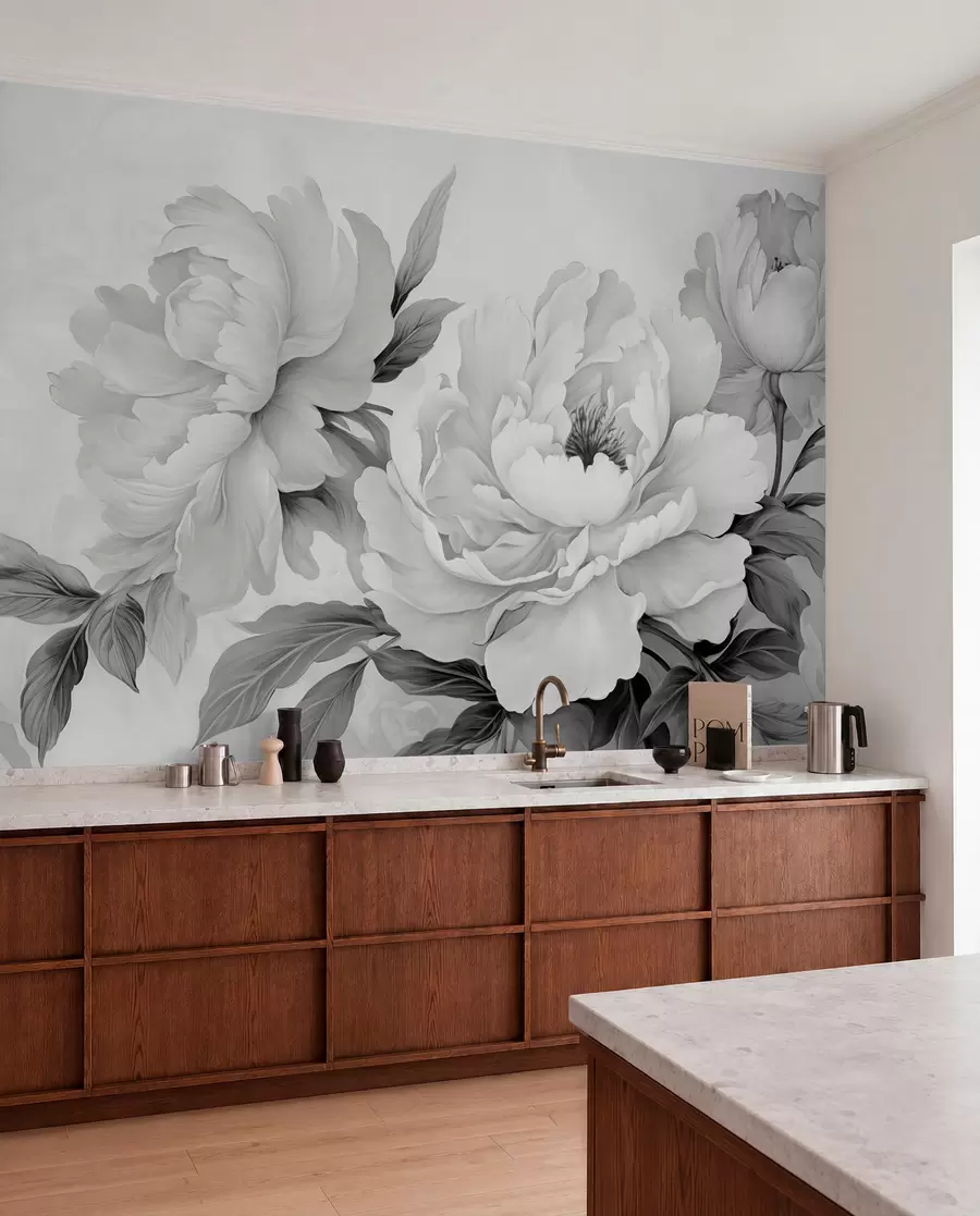 murais de parede Luxuosas peónias em tons de cinzento, com delicados detalhes de pétalas e folhas, criando uma atmosfera elegante e serena w02856