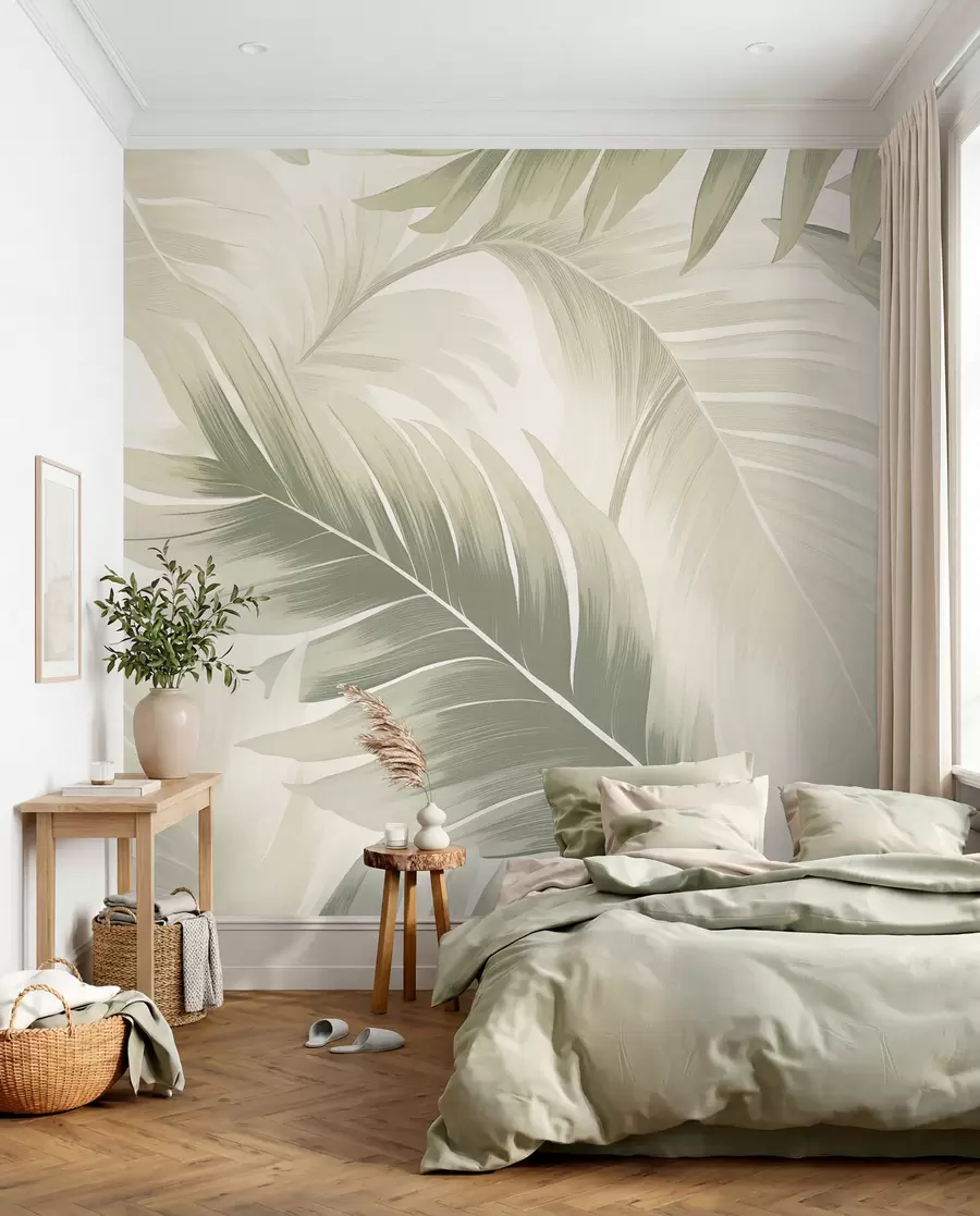 murais de parede Padrão de grandes folhas tropicais em tons suaves de verde e bege, com gradientes suaves e pormenores de textura delicados w02858
