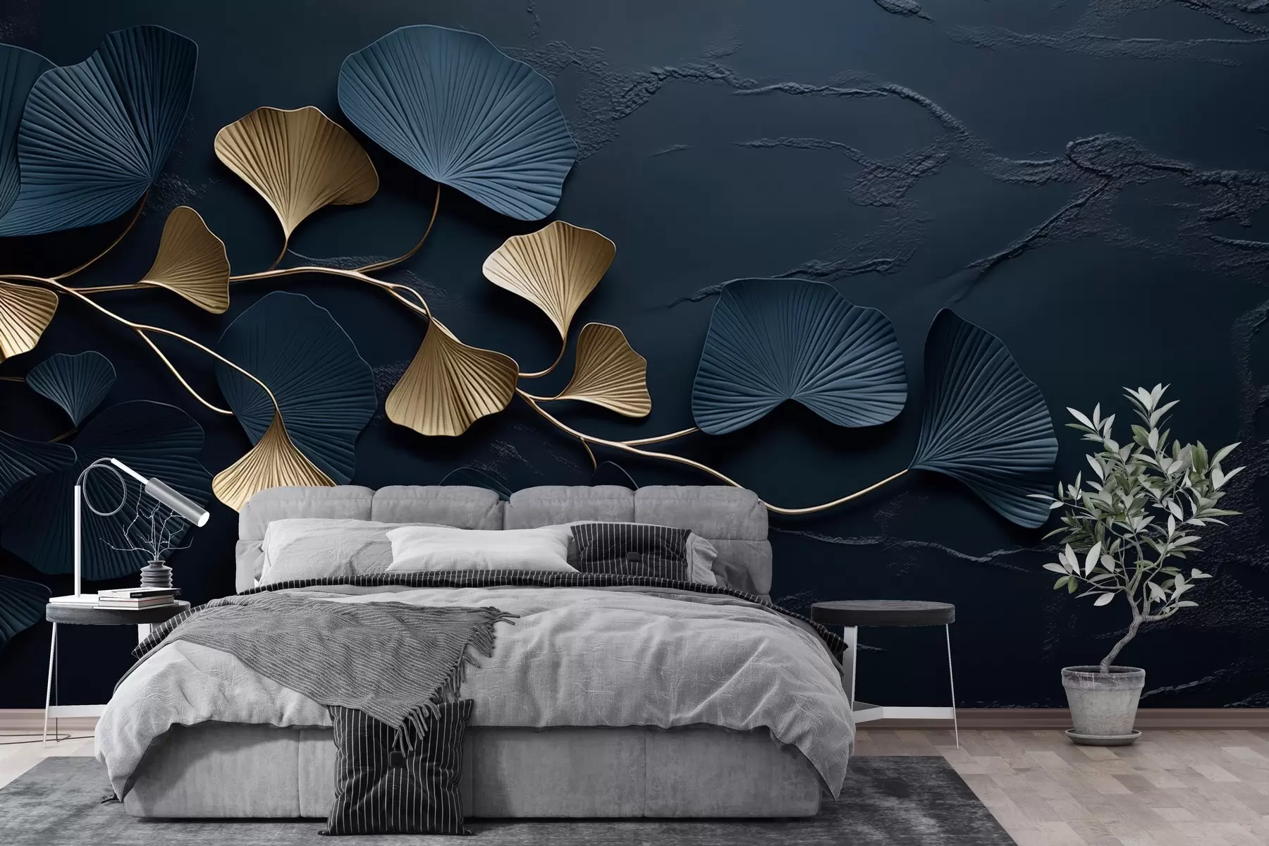 murais de parede Ramo volumétrico com folhas num muro de betão w02841