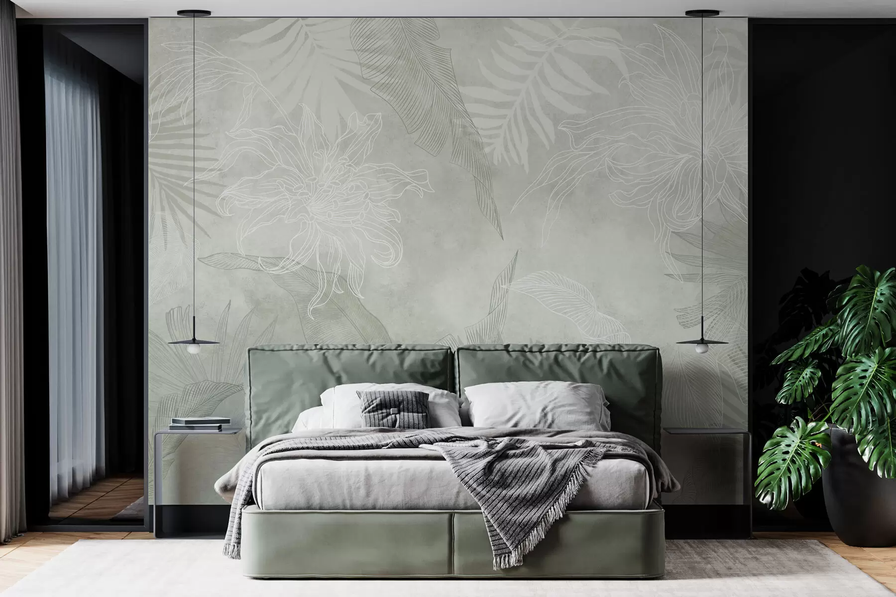 murais de parede Folhagem tropical de efeito grunge com uma tonalidade verde w02737v2
