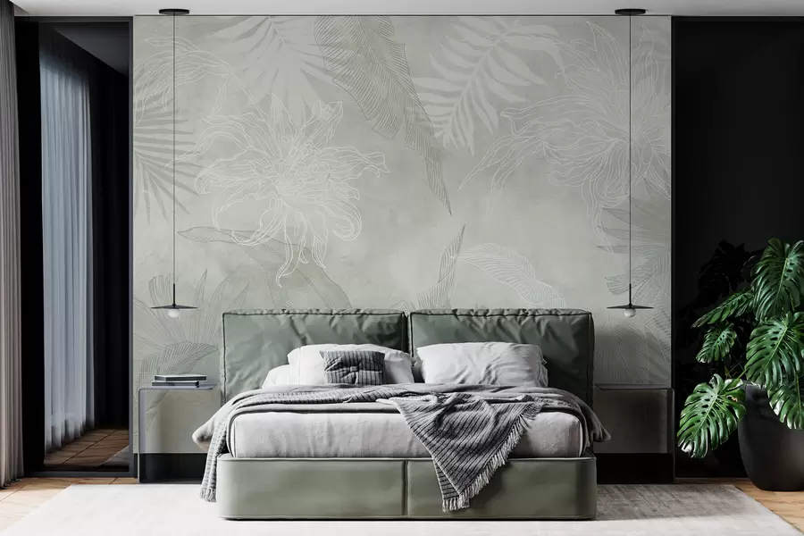 murais de parede Folhagem tropical de efeito grunge com uma tonalidade verde w02737v2