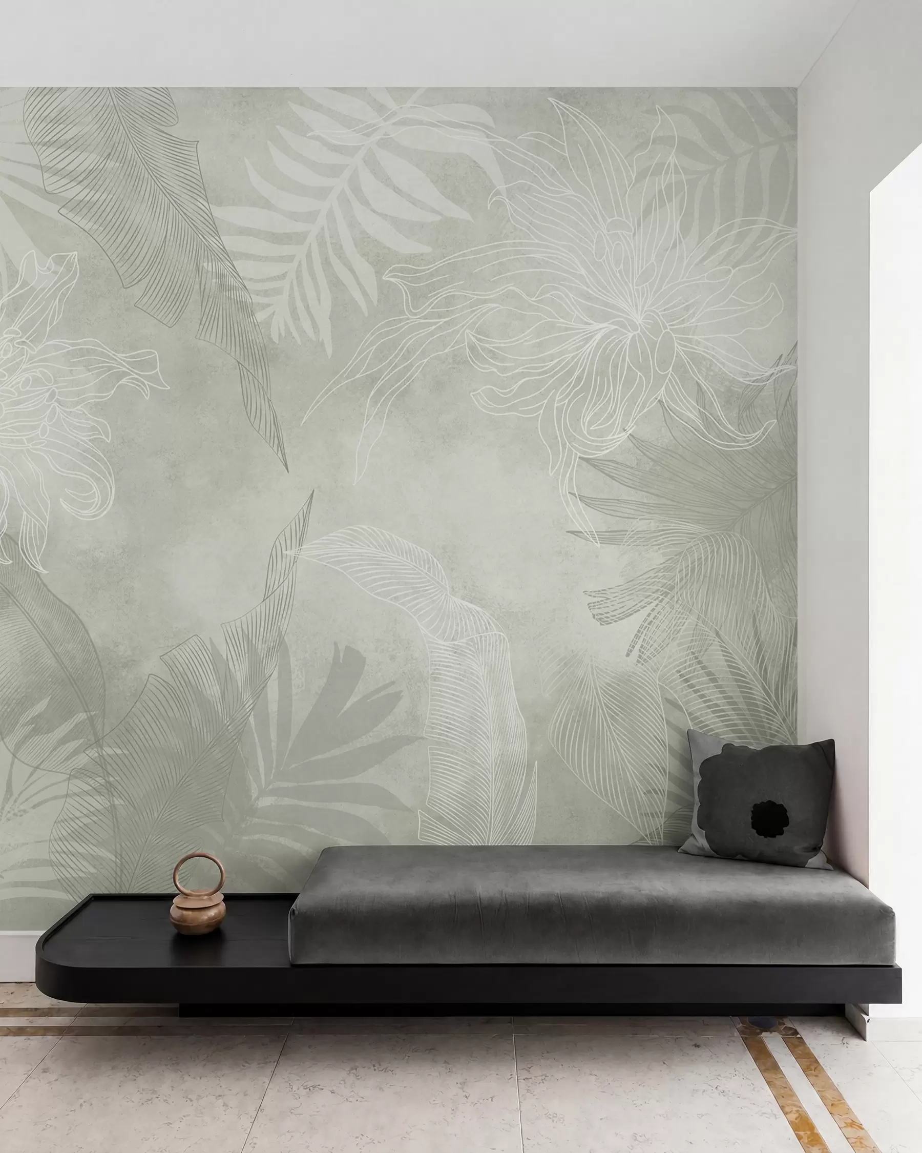 murais de parede Folhagem tropical de efeito grunge com uma tonalidade verde w02737v2