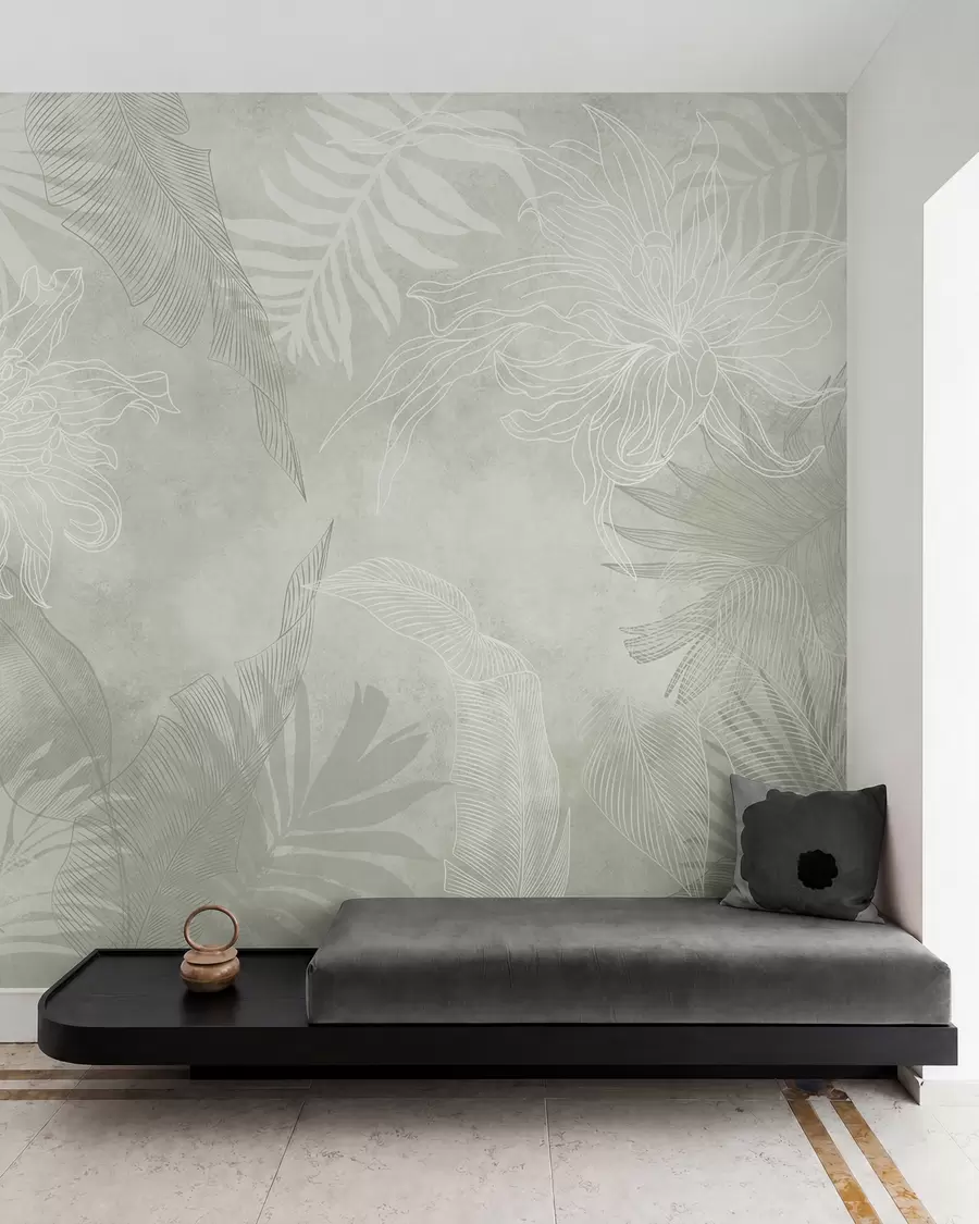 murais de parede Folhagem tropical de efeito grunge com uma tonalidade verde w02737v2