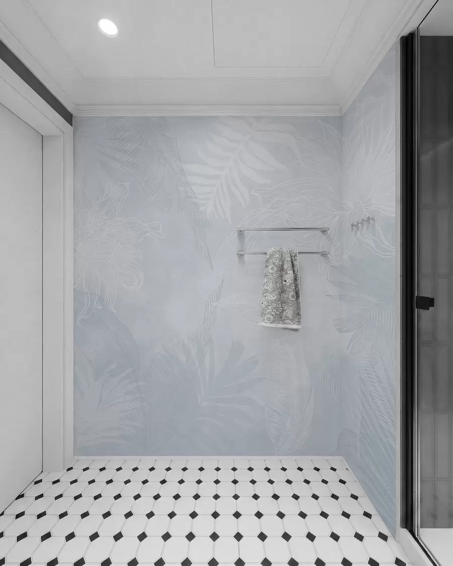 murais de parede Folhagem tropical de efeito grunge com uma tonalidade azul w02737v3