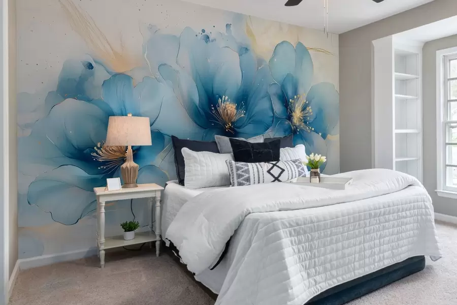 murais de parede Pintura floral de sonho com flores azuis grandes e delicadas w02769