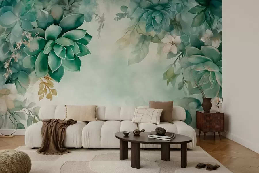 murais de parede Suculentas delicadas e exuberantes e elementos florais em estilo aguarela em tons de verde w02874