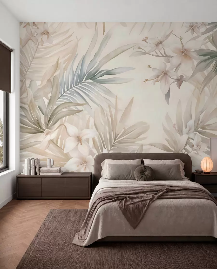 murais de parede Folhas e flores tropicais em tons pastel, com verdes claros, cremes e rosas subtis w08660