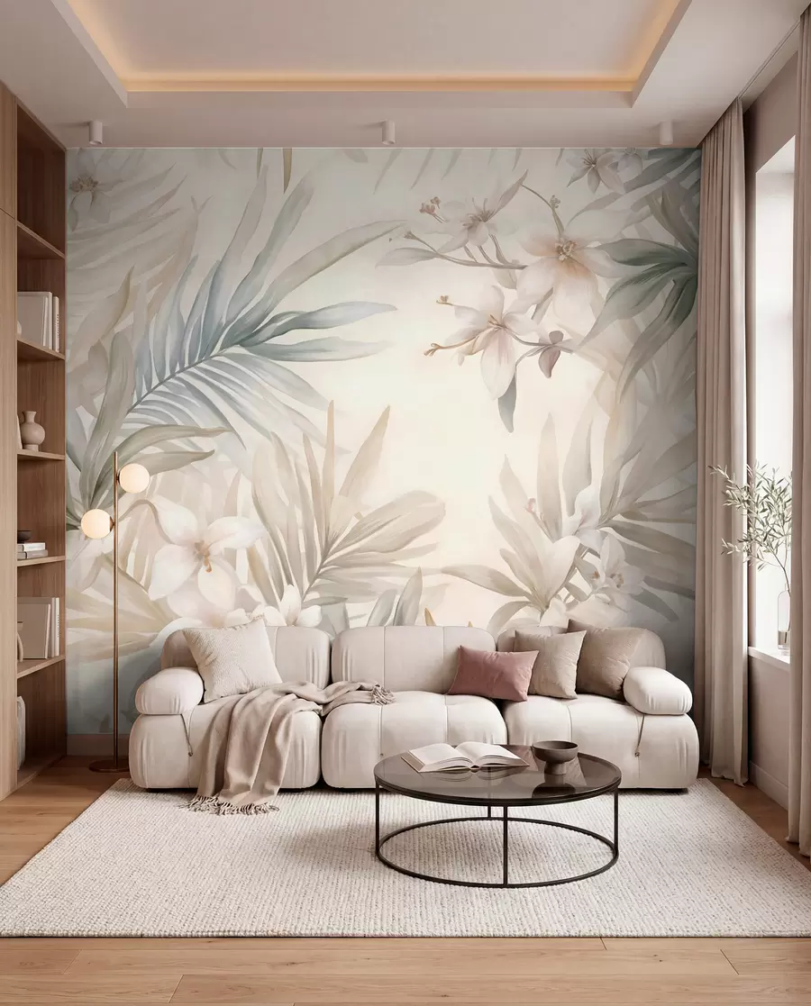 murais de parede Folhas e flores tropicais em tons pastel, com verdes claros, cremes e rosas subtis w08660