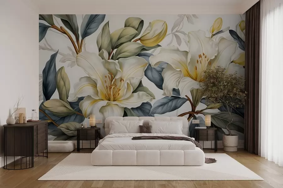 murais de parede Pintura de lírios brancos com toques amarelos e folhas verdes e castanhas, sobre um fundo claro w08661