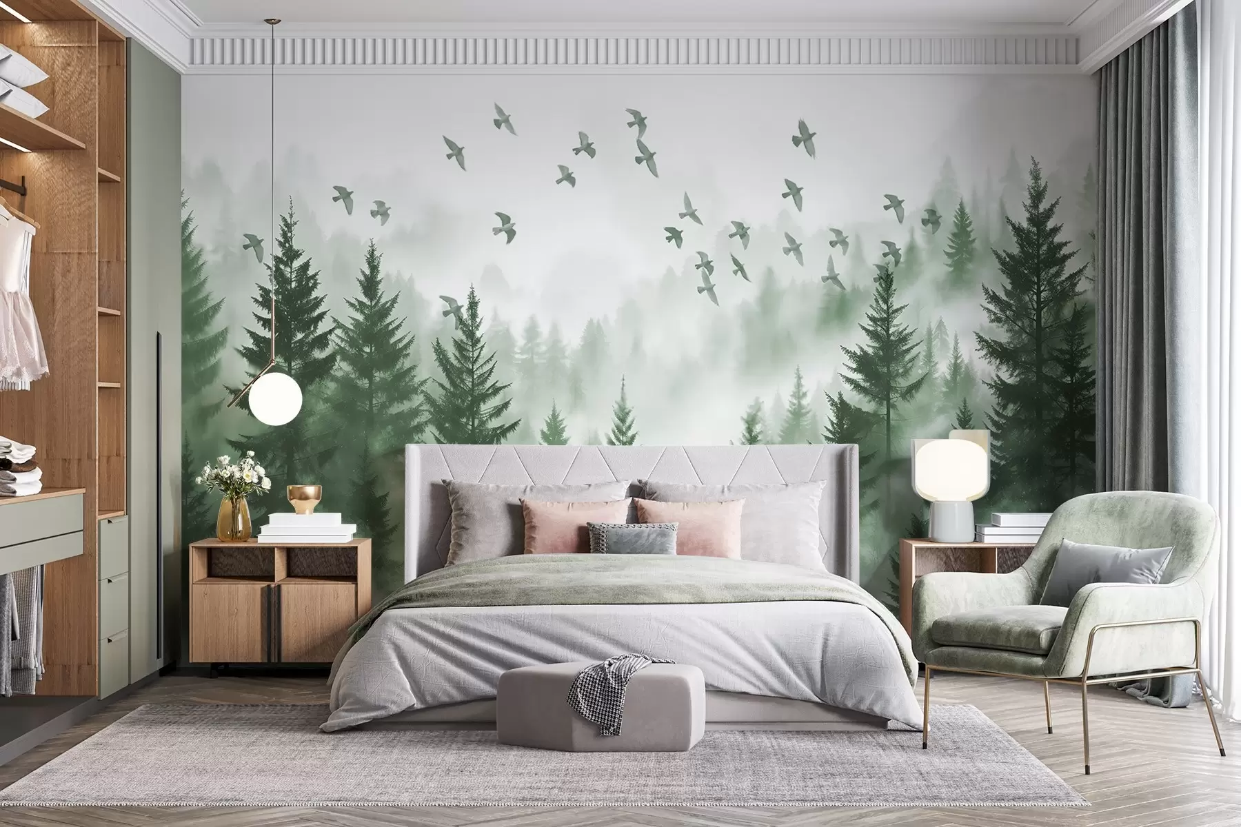 murais de parede Floresta tranquila e enevoada com árvores em tons de verde e um bando de pássaros a voar no céu  w08664v1