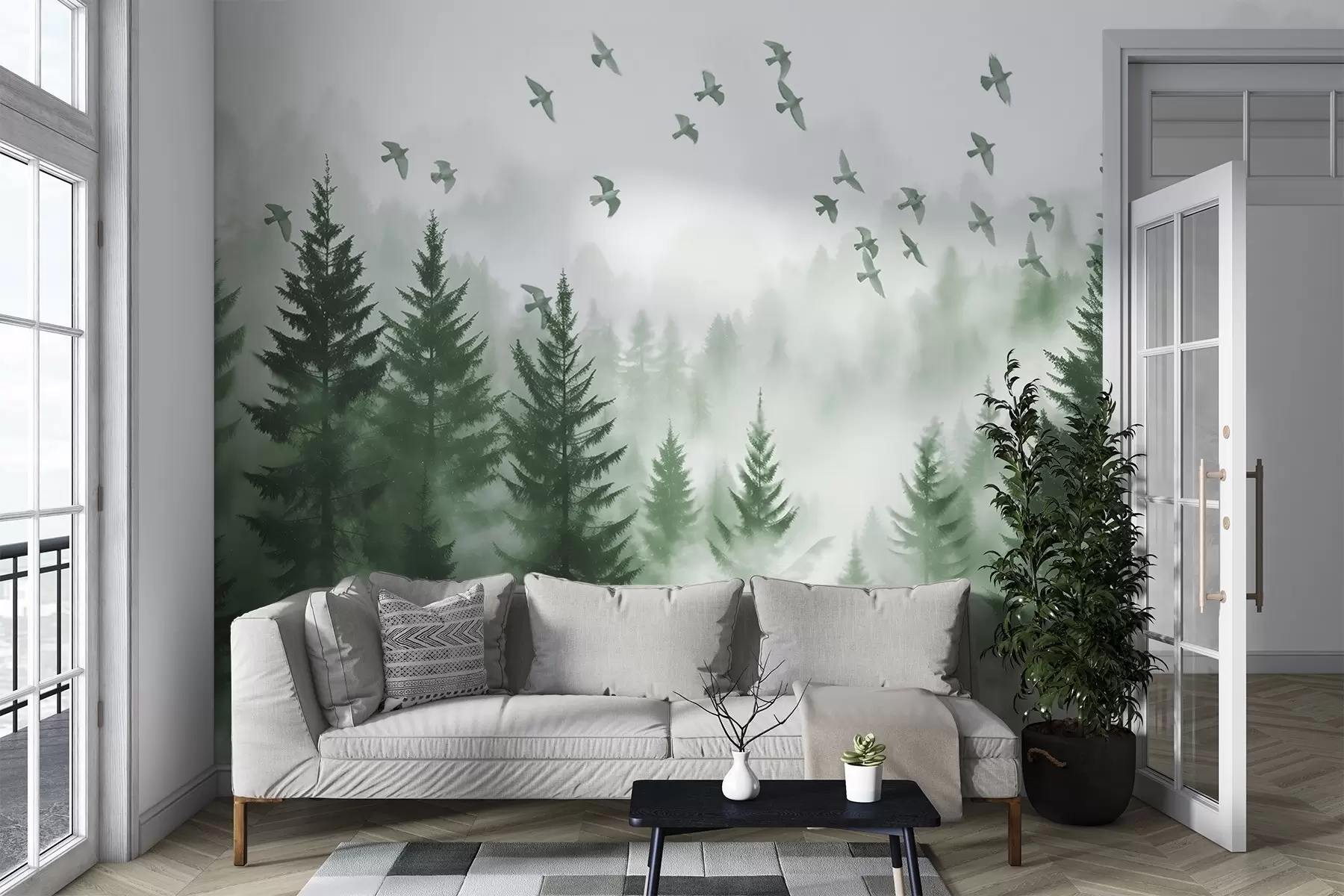 murais de parede Floresta tranquila e enevoada com árvores em tons de verde e um bando de pássaros a voar no céu  w08664v1