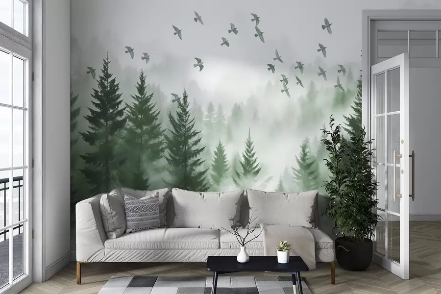 murais de parede Floresta tranquila e enevoada com árvores em tons de verde e um bando de pássaros a voar no céu  w08664v1
