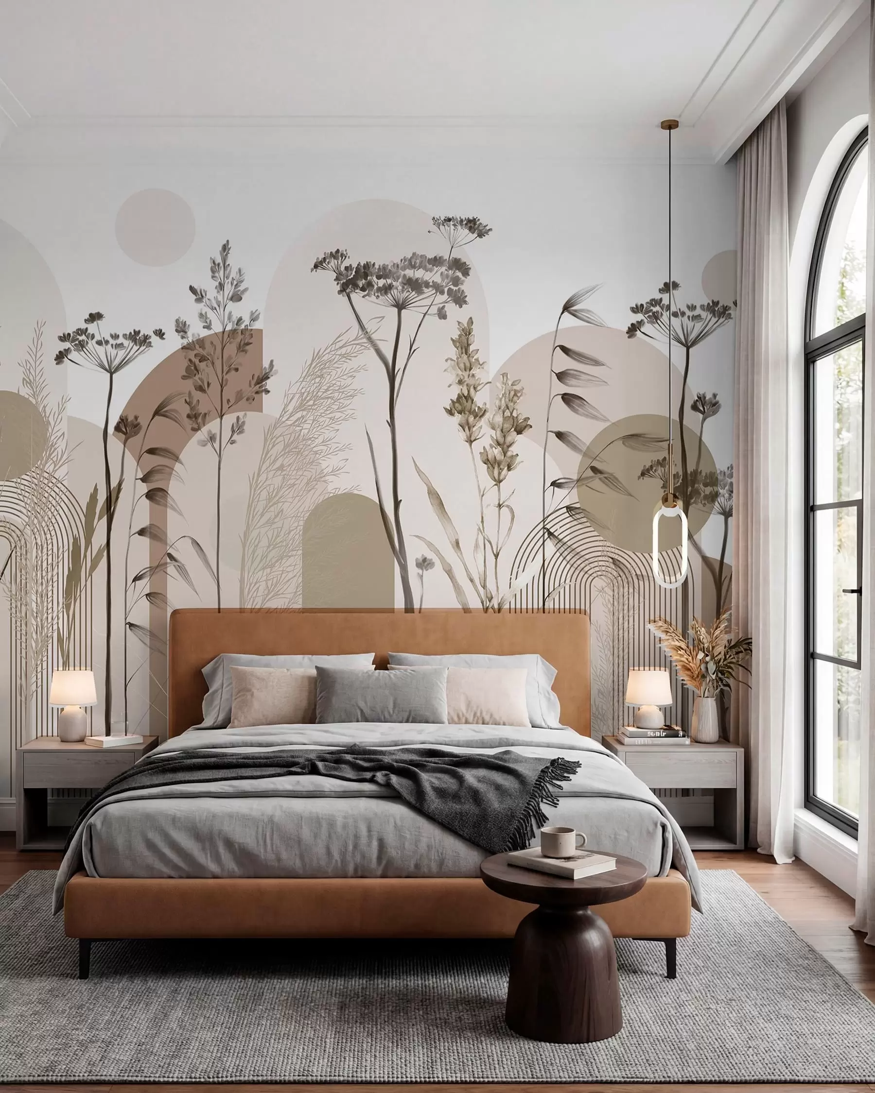 murais de parede Uma coleção de plantas e flores em tons neutros sobre um fundo de arco abstrato em tons suaves de bege e castanho w08665