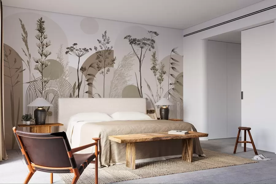 murais de parede Uma coleção de plantas e flores em tons neutros sobre um fundo de arco abstrato em tons suaves de bege e castanho w08665