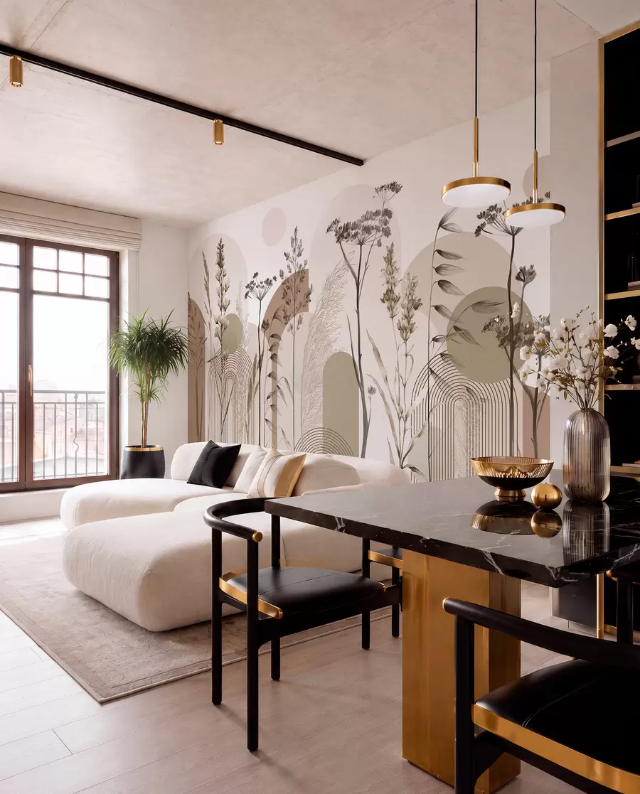murais de parede Uma coleção de plantas e flores em tons neutros sobre um fundo de arco abstrato em tons suaves de bege e castanho w08665