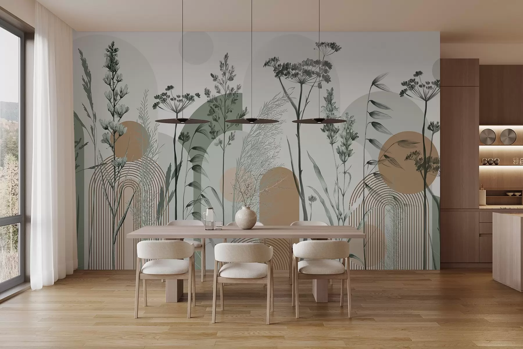 murais de parede Uma coleção de plantas e flores em tons neutros sobre um fundo de arco abstrato em tons suaves de bege e castanho w08665