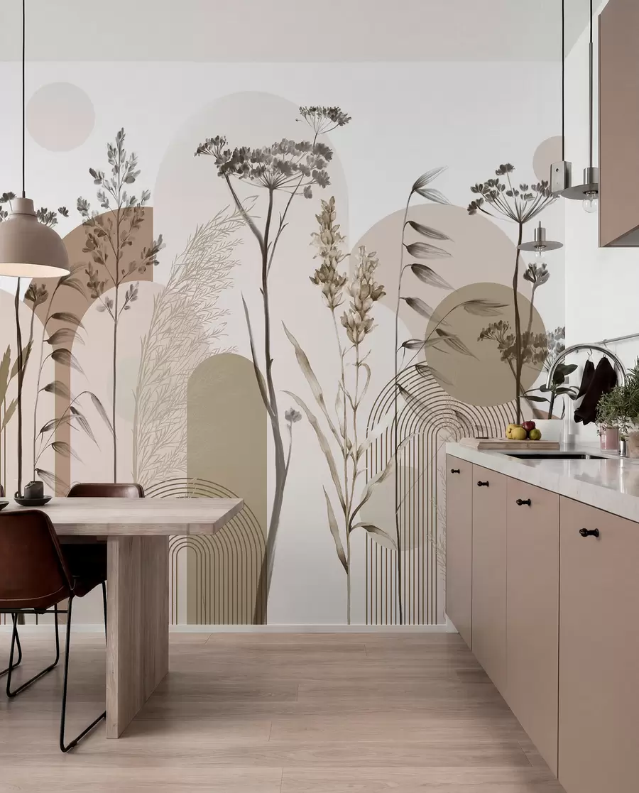 murais de parede Uma coleção de plantas e flores em tons neutros sobre um fundo de arco abstrato em tons suaves de bege e castanho w08665