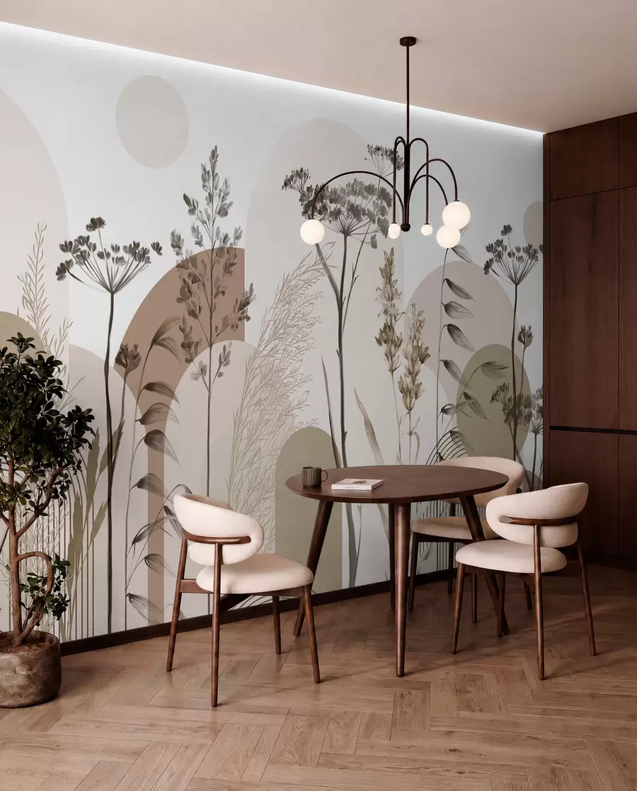 murais de parede Uma coleção de plantas e flores em tons neutros sobre um fundo de arco abstrato em tons suaves de bege e castanho w08665
