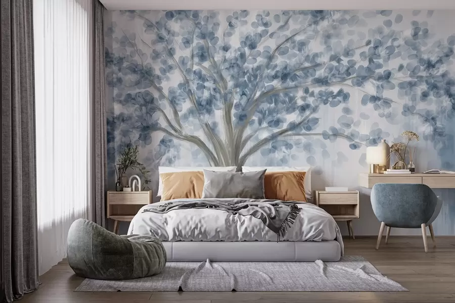 murais de parede Uma árvore grande com folhas suaves e abstractas em azul sobre um fundo claro e neutro que realça os tons da árvore  w08669v1