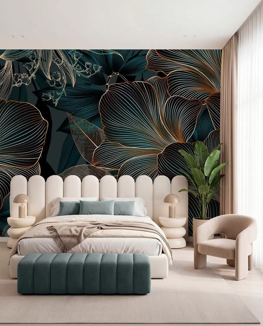 murais de parede Flores e folhas estilizadas com linhas complexas em tons de azul-petróleo e amarelo sobre fundo escuro w08675