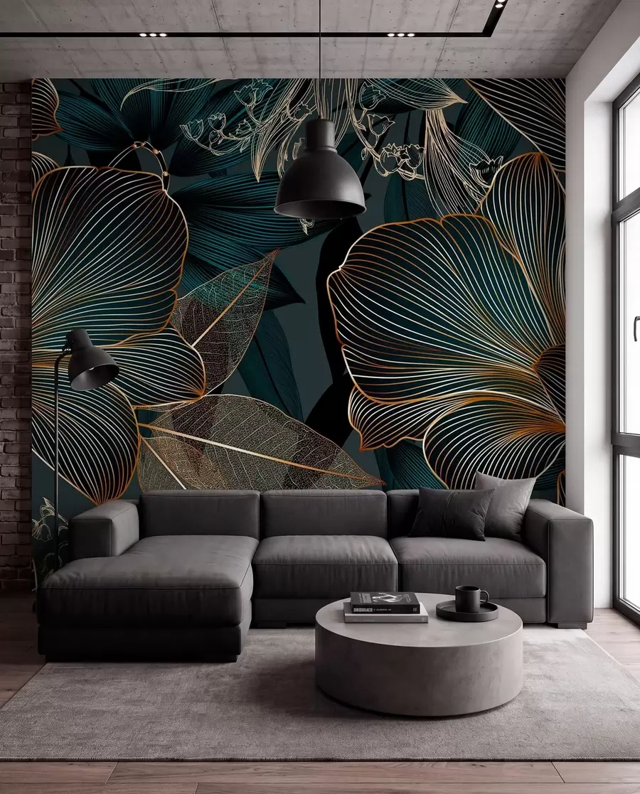murais de parede Flores e folhas estilizadas com linhas complexas em tons de azul-petróleo e amarelo sobre fundo escuro w08675