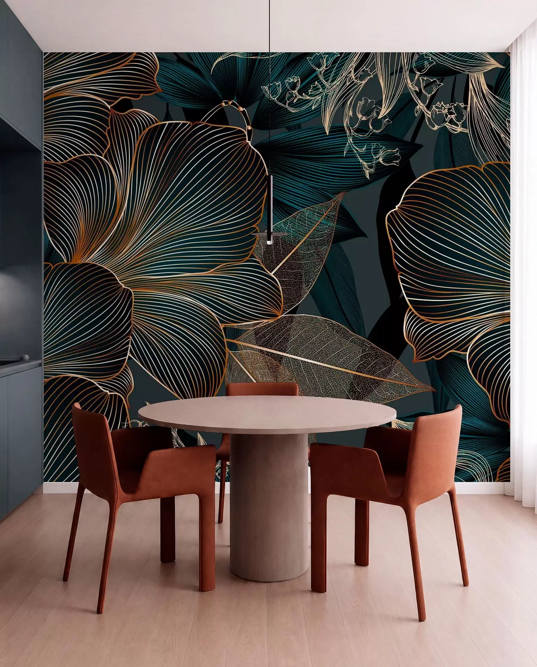 murais de parede Flores e folhas estilizadas com linhas complexas em tons de azul-petróleo e amarelo sobre fundo escuro w08675