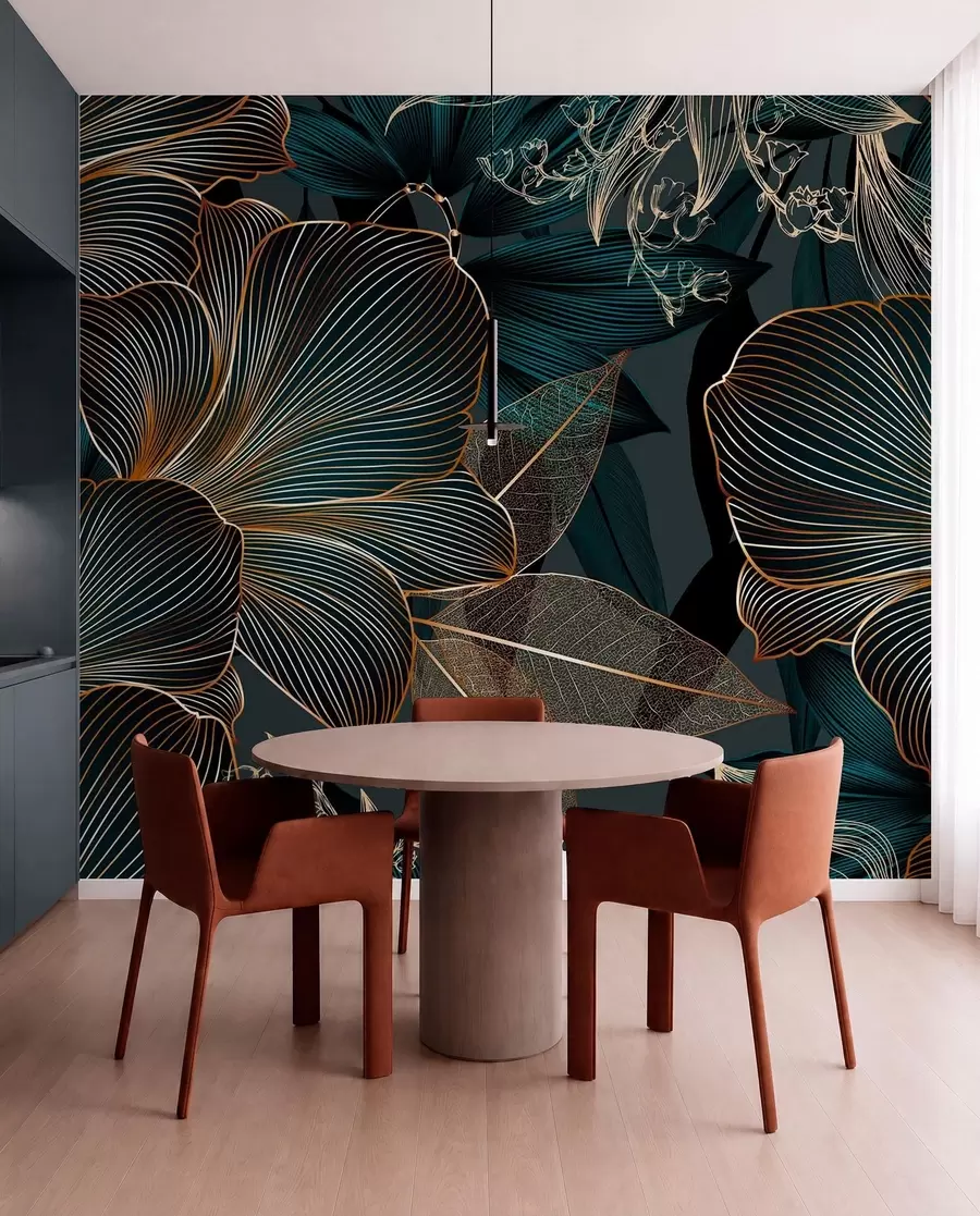 murais de parede Flores e folhas estilizadas com linhas complexas em tons de azul-petróleo e amarelo sobre fundo escuro w08675
