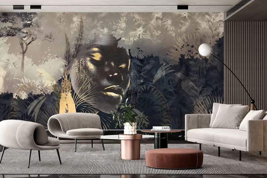 murais de parede África mágica com floresta tropical, elementos femininos e vectoriais com tonalidade azul w02642v1