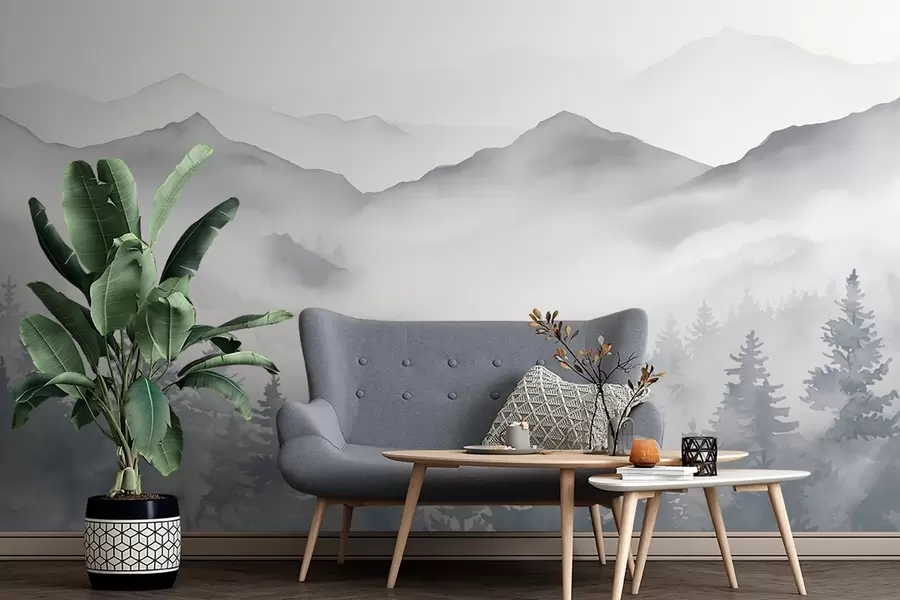 murais de parede Paisagem serena de montanha com florestas enevoadas em tons suaves de cinzento e azul w08680