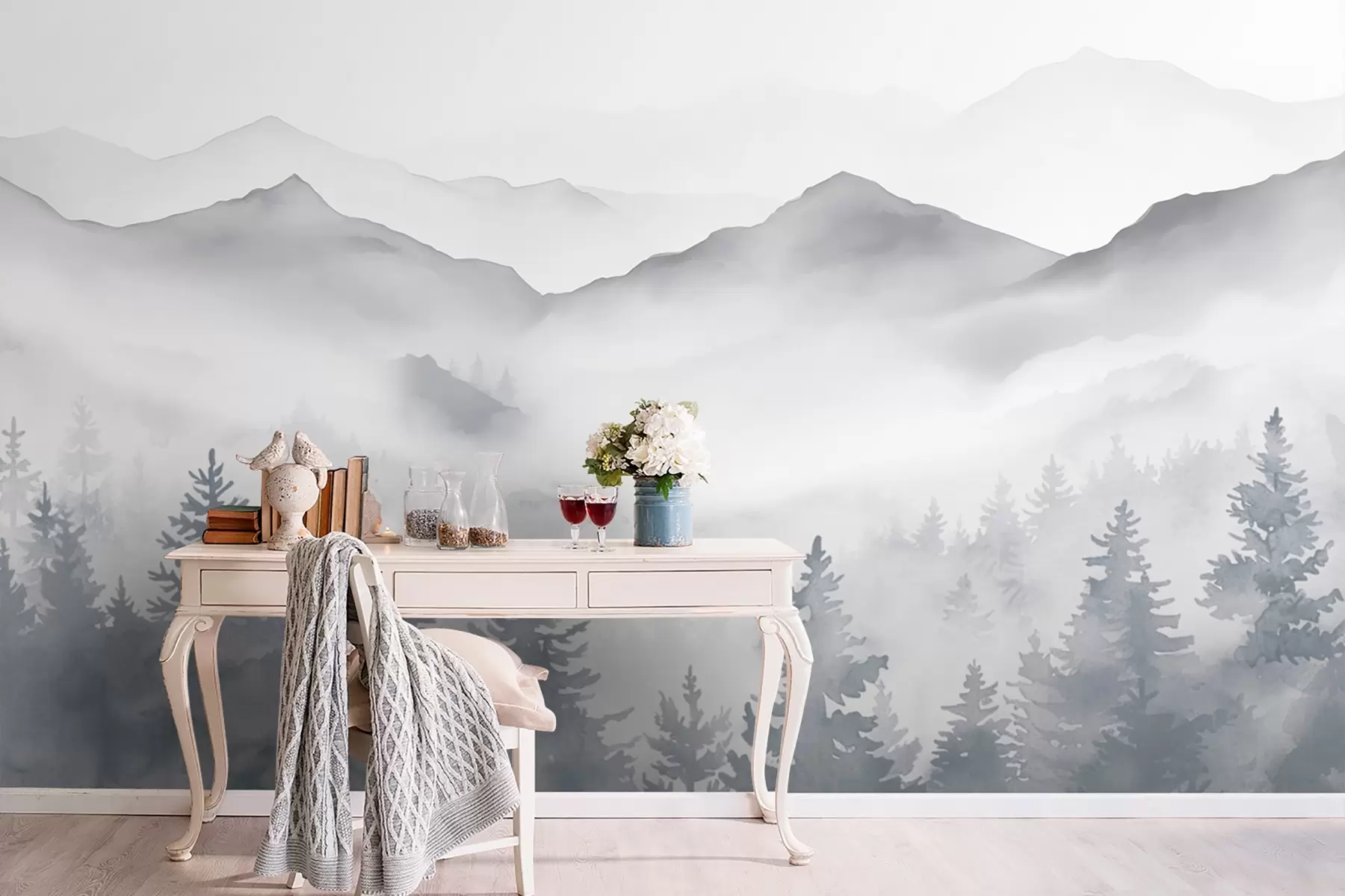 murais de parede Paisagem serena de montanha com florestas enevoadas em tons suaves de cinzento e azul w08680