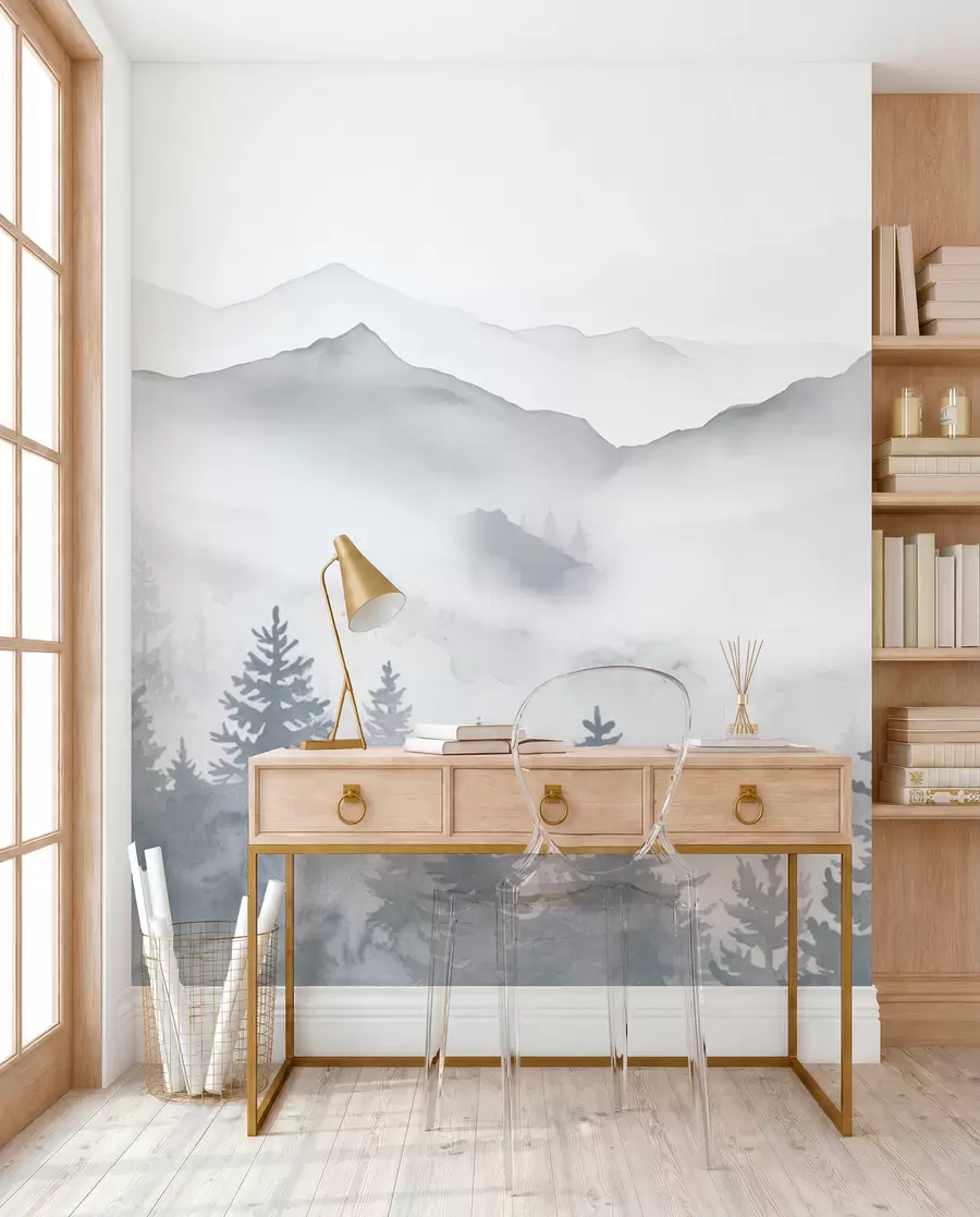 murais de parede Paisagem serena de montanha com florestas enevoadas em tons suaves de cinzento e azul w08680