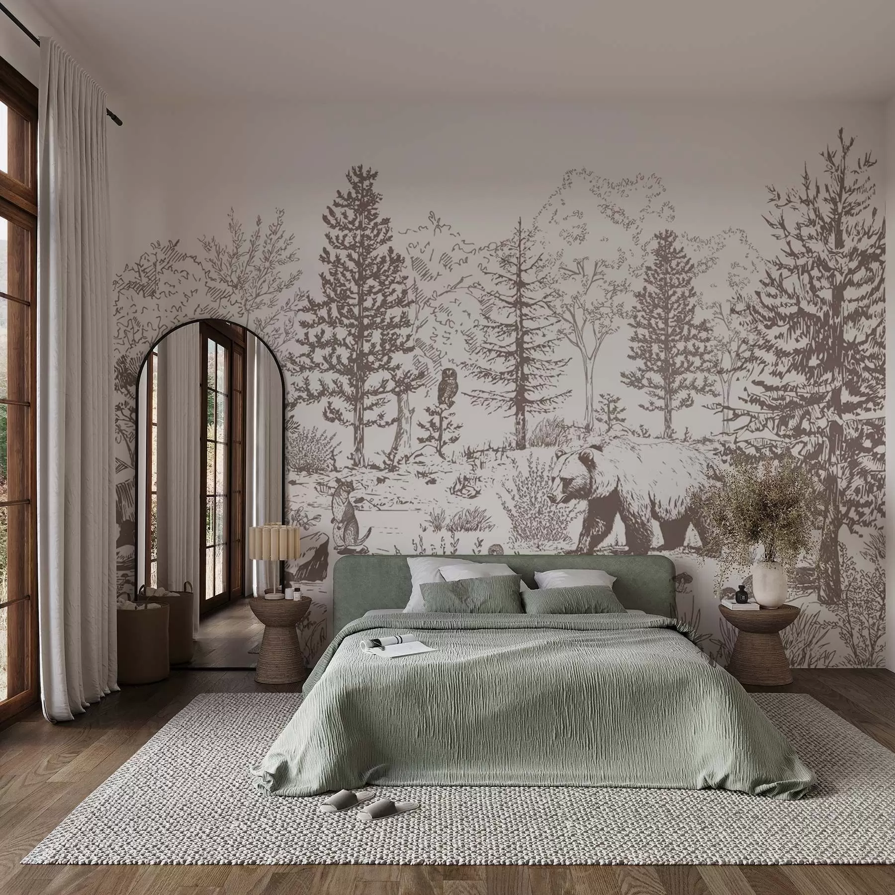 murais de parede Vida na floresta, árvores, animais selvagens, urso, raposa, coruja, arbustos, desenho a lápis, cores bege w02929