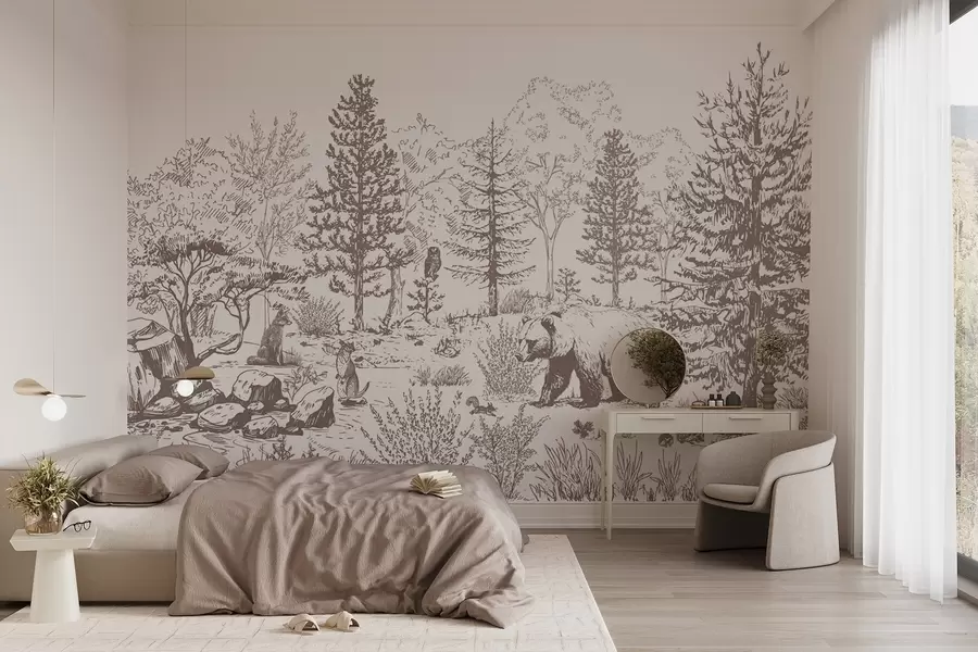 murais de parede Vida na floresta, árvores, animais selvagens, urso, raposa, coruja, arbustos, desenho a lápis, cores bege w02929