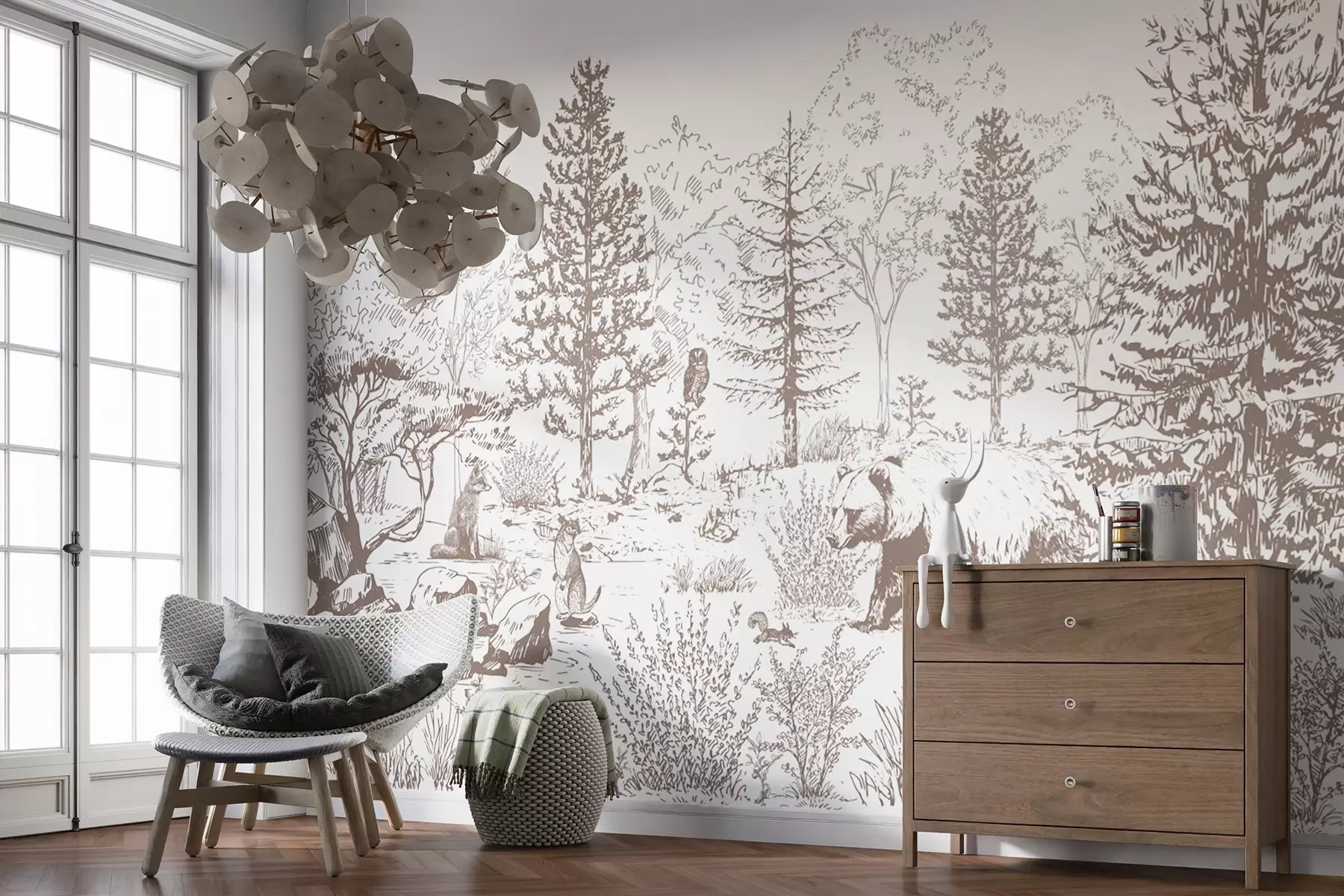 murais de parede Vida na floresta, árvores, animais selvagens, urso, raposa, coruja, arbustos, desenho a lápis, cores bege w02929