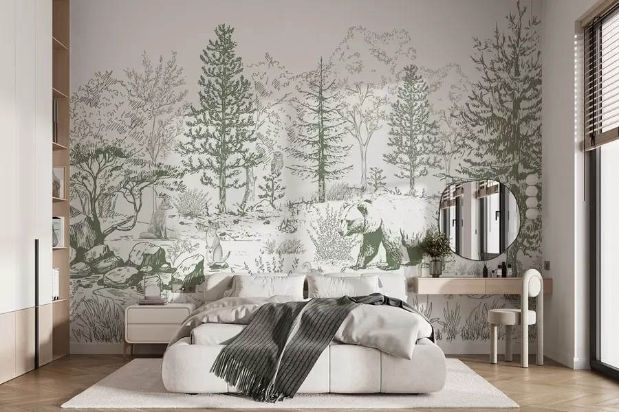 murais de parede Vida na floresta, árvores, animais selvagens, urso, raposa, coruja, arbustos, desenho a lápis, cores verdes w02929v2