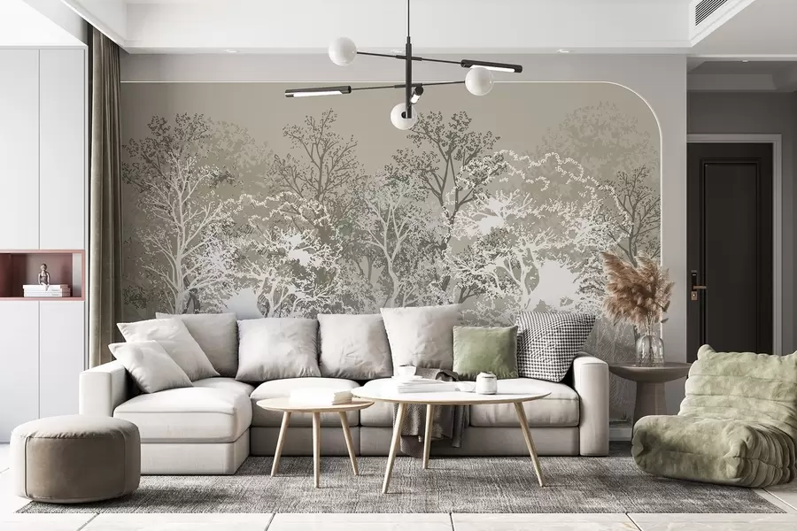 murais de parede Árvores na floresta, minimalismo, natureza, paleta de cores verdes  w02930v1