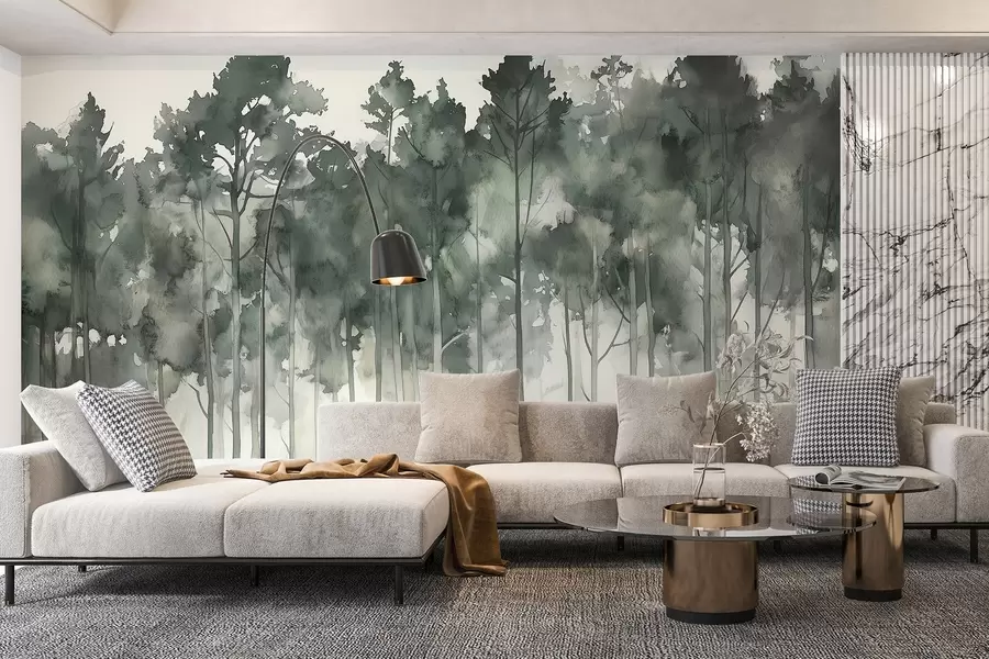 murais de parede Floresta estilo aguarela, pinheiros, paisagem natural, cores verdes w02937