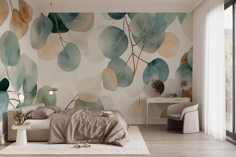 murais de parede Desenho de eucalipto em aguarela, cores pastel suaves, floral w02938