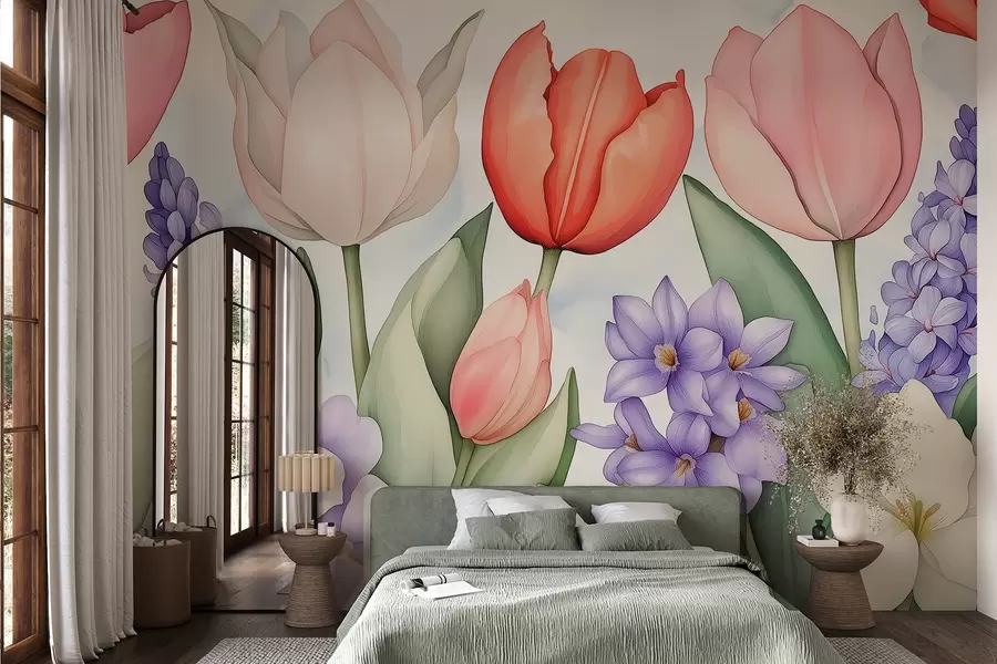 murais de parede Flores da primavera, tulipas, jacinto, desenho a aguarela, floral w02940