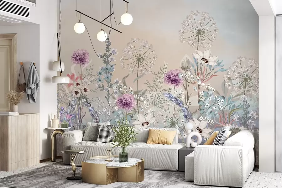 murais de parede Um jardim floral vibrante com várias flores e relva num fundo texturado de gradiente de cor pastel suave w08699