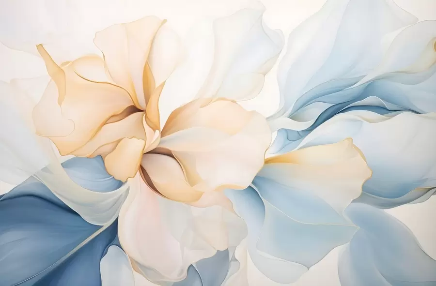 murais de parede Pétalas florais abstractas fluidas, translúcidas e em camadas em tons pastel, em tons de pêssego e azul w08701